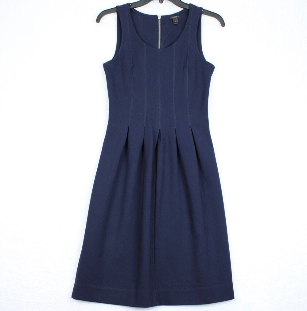 J.Crew NEW Women’s Ponte Knit Navy Blue Scoop Neck Pleated Back Zip Dress sz 10